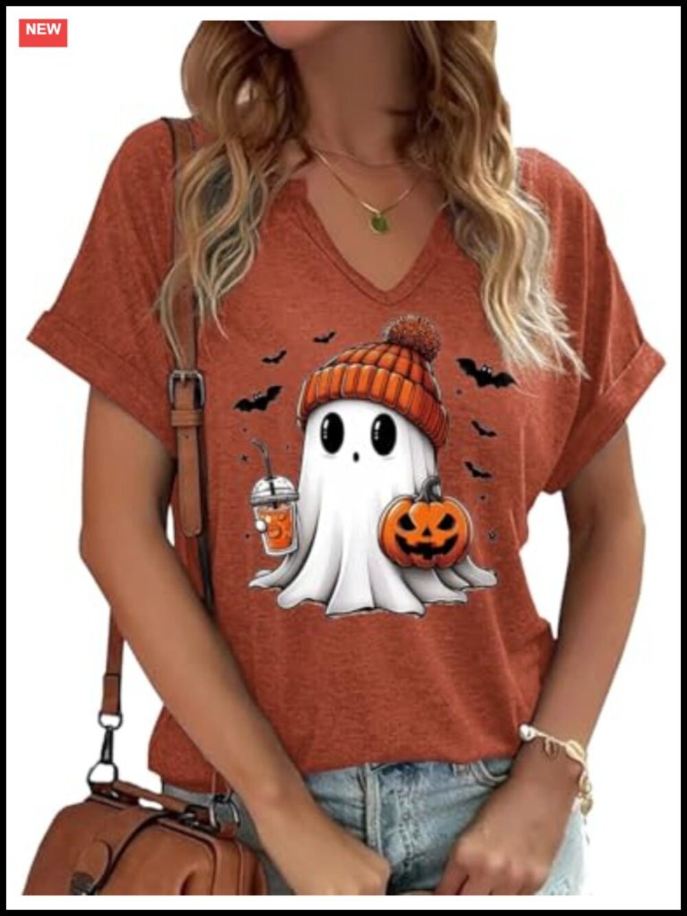 Women's Halloween Ghost Graphic V Neck Short Sleeve Tee Fall Thanksgiving